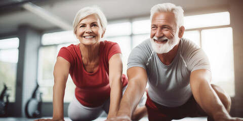 Fototapeta na wymiar Two active seniors with exercises and sports. Focus on vitality and physical well-being.