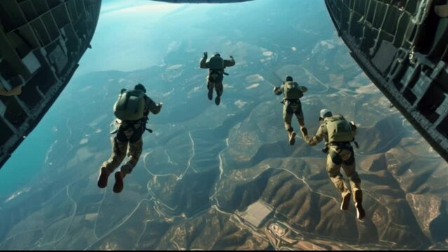 A group of skydivers jumps out of a plane to explore the aerial landscape.	

