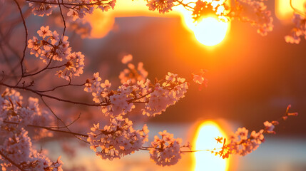 Sunset scenes with the warm hues of cherry blossoms background