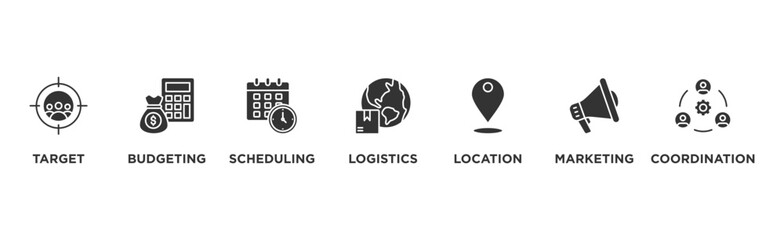 Event management banner web icon vector illustration concept with icon of target, budgeting, scheduling, logistics, location, marketing, and coordination	
