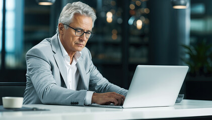 Serious mature businessman working on laptop while sitting at the table in office - obrazy, fototapety, plakaty