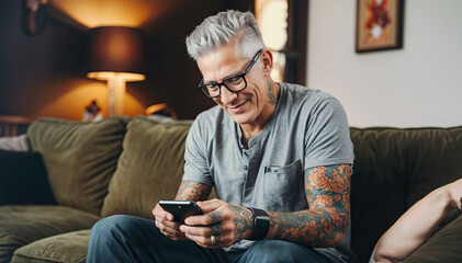 Smiling mature man using mobile phone while sitting on sofa at home