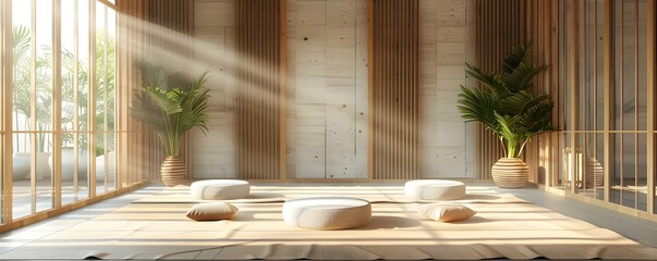 Serene yoga studio with minimalist interior design . Concept Yoga Studio Design, Serene Atmosphere, Minimalist Interiors