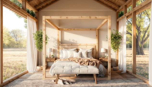 Interior of a wooden bedroom with a bed in the countryside. 3d rendering