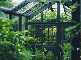 Beautiful greenhouse glass house in the garden yard near the villa. Lots of pots with different plants. Greenhouse for growing plant seedlings. Landscape garden design.