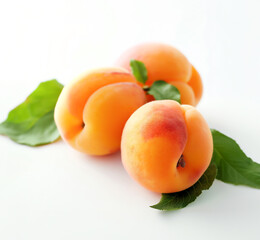 fresh apricots with leaves on a white background