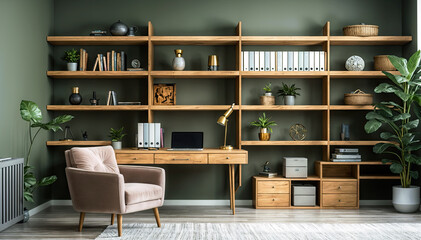Modern living room interior with bookshelf, armchair and plants. 3d render