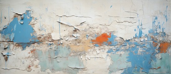 This painting showcases a mixture of blue and white paint splatter on an aged wall, with hints of cracked paint plaster adding texture and depth to the composition.