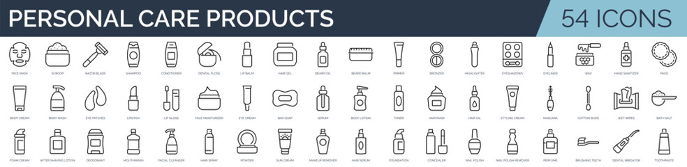 Set of 54 outline icons related to personal care products. Linear icon collection. Editable stroke. Vector illustration