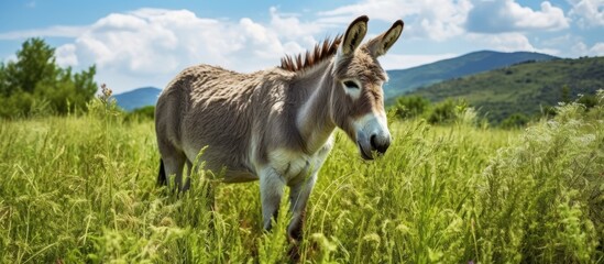 A donkey is standing in a field of tall grass, surrounded by lush greenery. The animal appears to be grazing peacefully, blending into the natural landscape of the meadow.