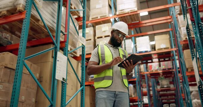Shipping, warehouse and black man on tablet for inspection, inventory and online stock. Manufacturing, distribution and person on digital tech for logistics, maintenance and checklist in factory