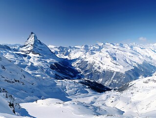 Panoramic snowy peaks under a blue sky in Zermatt, captured with a Canon EOS R5 and Nikon lens, showcasing winter's splendor in a 4:3 aspect ratio.