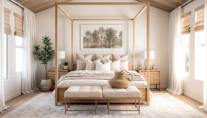 Fototapeta premium Modern bedroom interior design. 3d rendering mock up of a bedroom in Scandinavian style