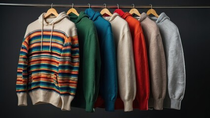 Row of different colorful youth cashmere sweaters and hoodies, sweatshirts and on a clothes rack. Mock up advertising merch. - obrazy, fototapety, plakaty
