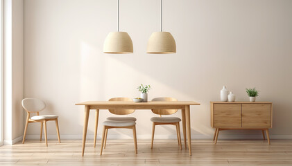 Interior of modern dining room with white walls, wooden floor, round wooden table and chairs. 3d rendering