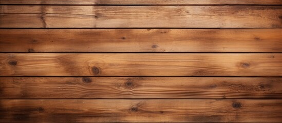 A close-up view of a wooden wall with a brown stain covering its surface. The textured planks form a rustic background with a weathered appearance.