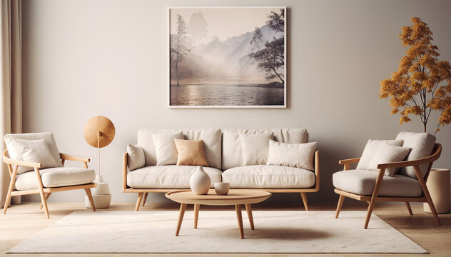 Interior of modern living room with beige sofa, coffee table and posters on wall. 3d render