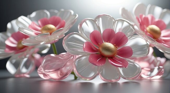 3D render of white and pink glass flowers