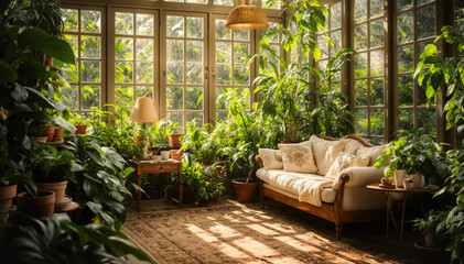 Interior of a cozy living room with green plants and a sofa
