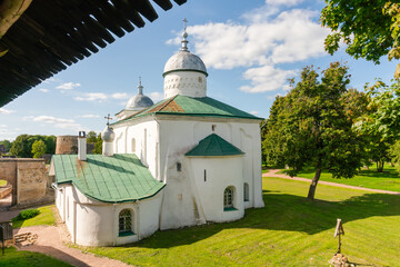 Fototapeta na wymiar Izborsk, Russia, September 7, 2023. View of St. Nicholas Cathedral from the gallery of the fortress wall.