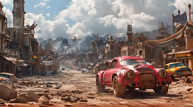 Old red car fails to start to escape a scrap city in a dystopian future