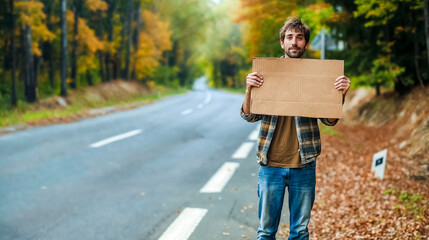 un autostoppeur qui tient une pancarte en carton vierge sur le bord de la route