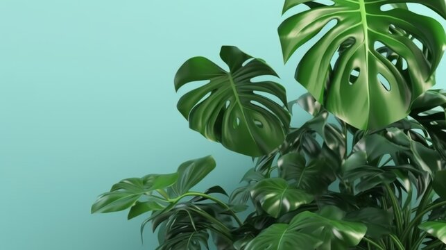 Monstera plant decoration with free space for text. Negative space. Nature background. Generative AI