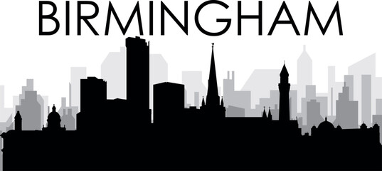 Obraz premium Black cityscape skyline panorama with gray misty city buildings background of BIRMINGHAM, UNITED KINGDOM