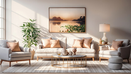 Modern living room interior with brown sofa, coffee table and plants. 3d render