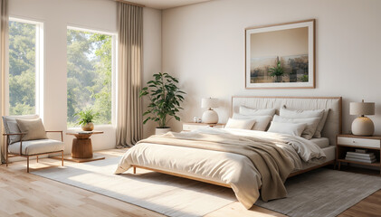 Modern bedroom interior design. 3d render illustration mock up scene.
