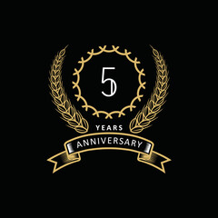 5st anniversary logo with gold and white frame and color. on black background