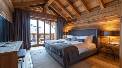 Interior design of a modern wooden chalet bedroom.