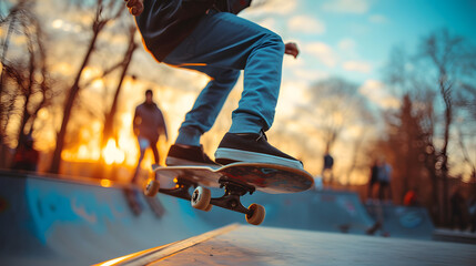Skateboarders performing tricks and jumps in a dynamic park background