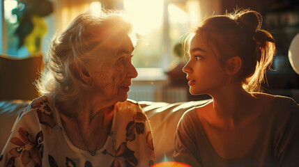 Grandma and granddaughter have an emotional conversation on the sofa in the living room - love and emotions between grandparents and grandchild