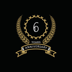 6st anniversary logo with gold and white frame and color. on black background