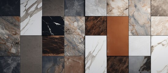 A wall constructed using a variety of marble types, showcasing their unique colors, patterns, and...