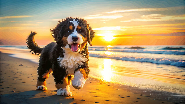 bernedoodle playing on the beach 