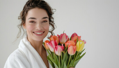 Happy smiling woman in white robe holding a bouquet of tulip flowers. Mother's day floral gift.