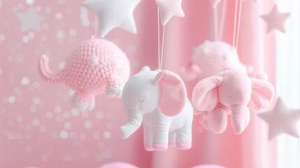 Baby mobiles with white and pink elephants and stars hanging from the ceiling in pastel colors. Soft, dreamy atmosphere for nursery room decor. Close up. Baby girl shower invitation, greeting card