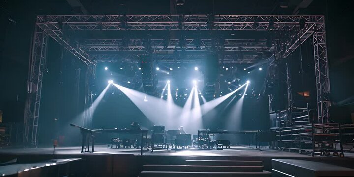 A Live stage production being built in a center stage type venue. Stage rigging equipment, lighting trusses, stairs and PA systems being carried in. 4K Video