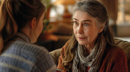 Grandma and granddaughter have an emotional conversation on the sofa in the living room - love and emotions between grandparents and grandchild
