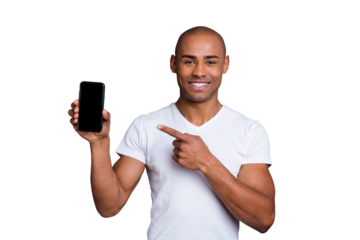 Close up photo strong healthy dark skin he him his macho bald head finger show new telephone version advising buy buyer promotional wearing white t-shirt outfit clothes isolated grey background