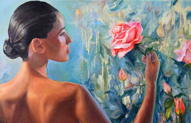 The painting was created with oil paints on canvas. A girl with a rose. The girl's naked back. A girl in the garden. A nude figure. 300dpi. Wall art. 