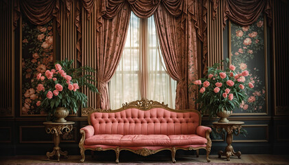 Classic interior of the living room with a pink sofa. 3d render