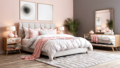 3d render of bedroom interior with pink bed, pillows and mirror