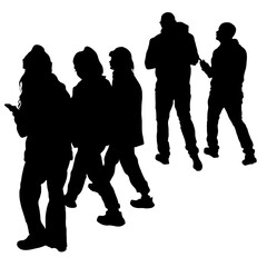 Vector silhouettes of 5 people on a walk isolated on a white background. three girls and 2 men walk to the side
