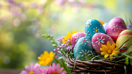 Fototapeta na wymiar Title: Easter eggs in a basket with flowers on bokeh background