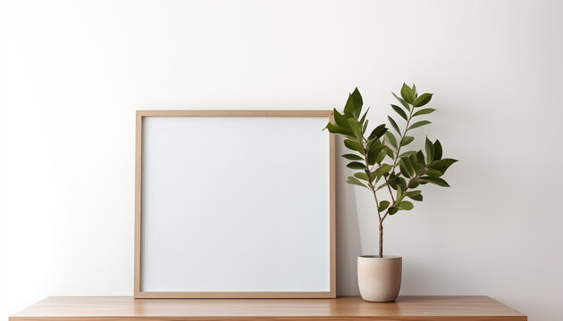 blank poster frame mockup on white wall with window with wooden chest of drawers and small green plant. 