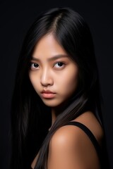 Fototapeta premium Captivating portrait of a serious Asian woman with a deep and introspective look on a black background. Created with generative A.I. technology