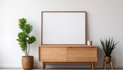 blank poster frame mockup on white wall with window with wooden chest of drawers and small green plant. 